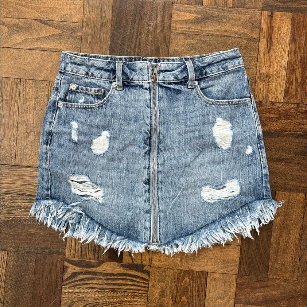 Garage Blue Distressed Denim Mini Skirt
